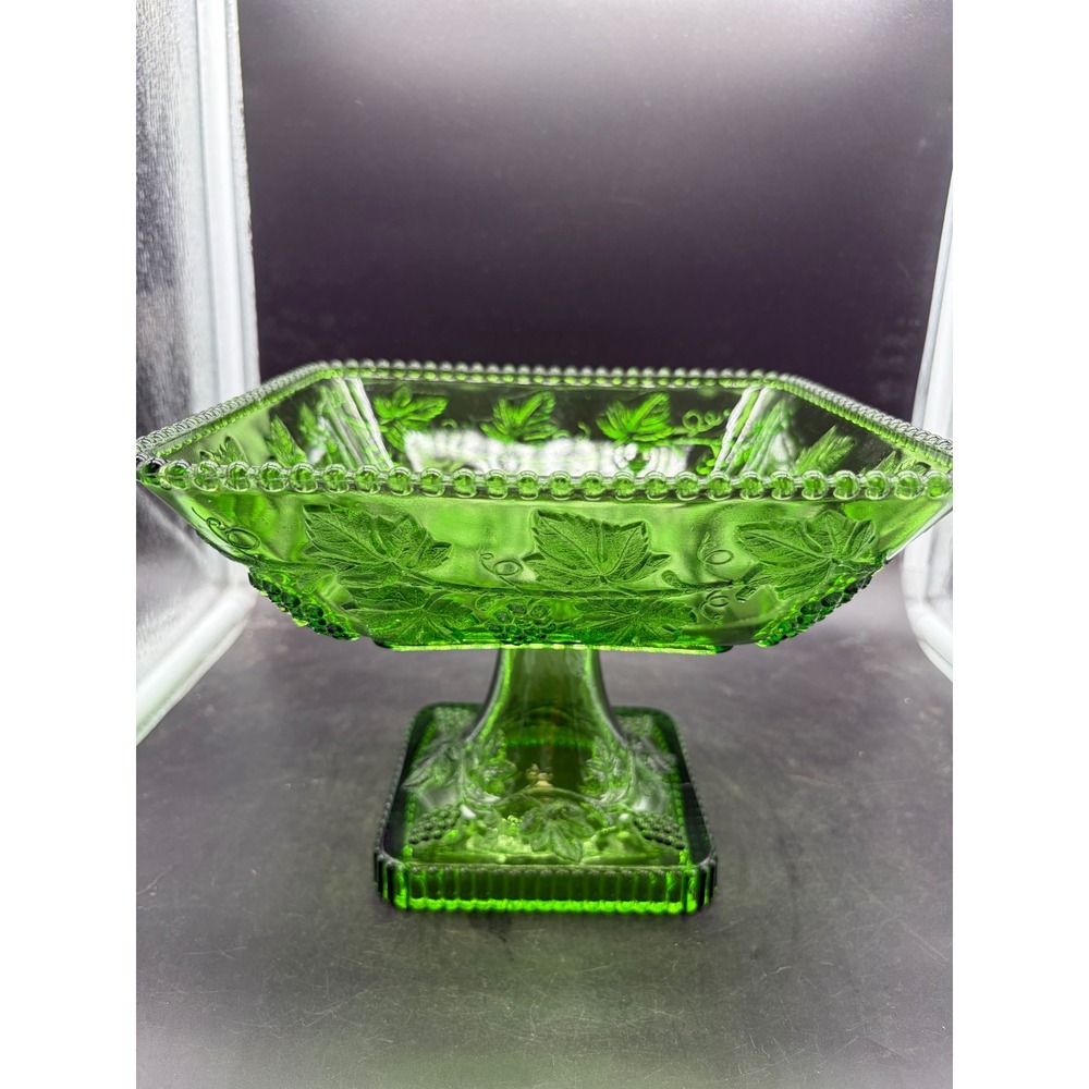 Vintage Green Glass Grape Leaf Square Pedestal Compote Dish Beaded Rim 8in